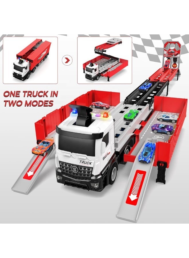 Foldable Carrier Truck Race Track Toy with 4 Alloy Cars – Converts to 48-inch Dual Raceway, ABS + Die-Cast, Container Truck with Car Slots - Image 1
